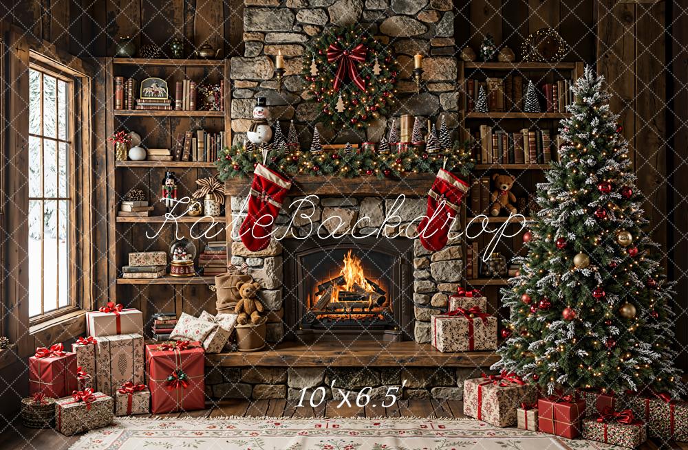 Kate Christmas Fireplace Tree Rustic Fleece Backdrop Designed by Emetselch