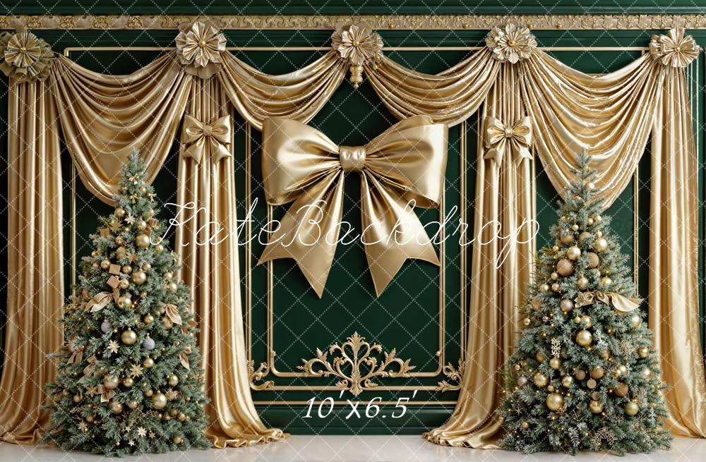 Kate Christmas Gold Bow Green Curtain Trees Fleece Backdrop Designed by Emetselch -UK
