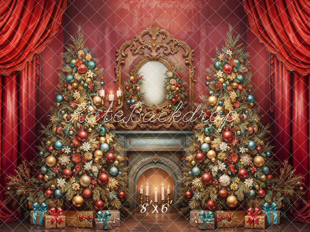 Kate Christmas Tree Fireplace Red Curtains Fleece Backdrop Designed by Emetselch