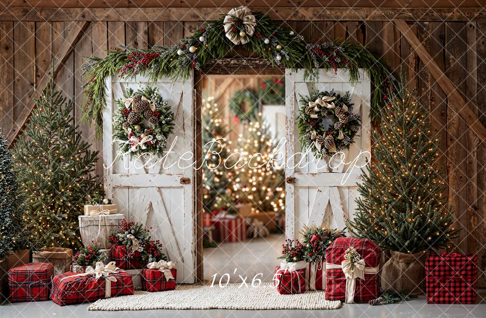 Kate Christmas Barn Doors Wreath Trees Fleece Backdrop Designed by Emetselch -UK