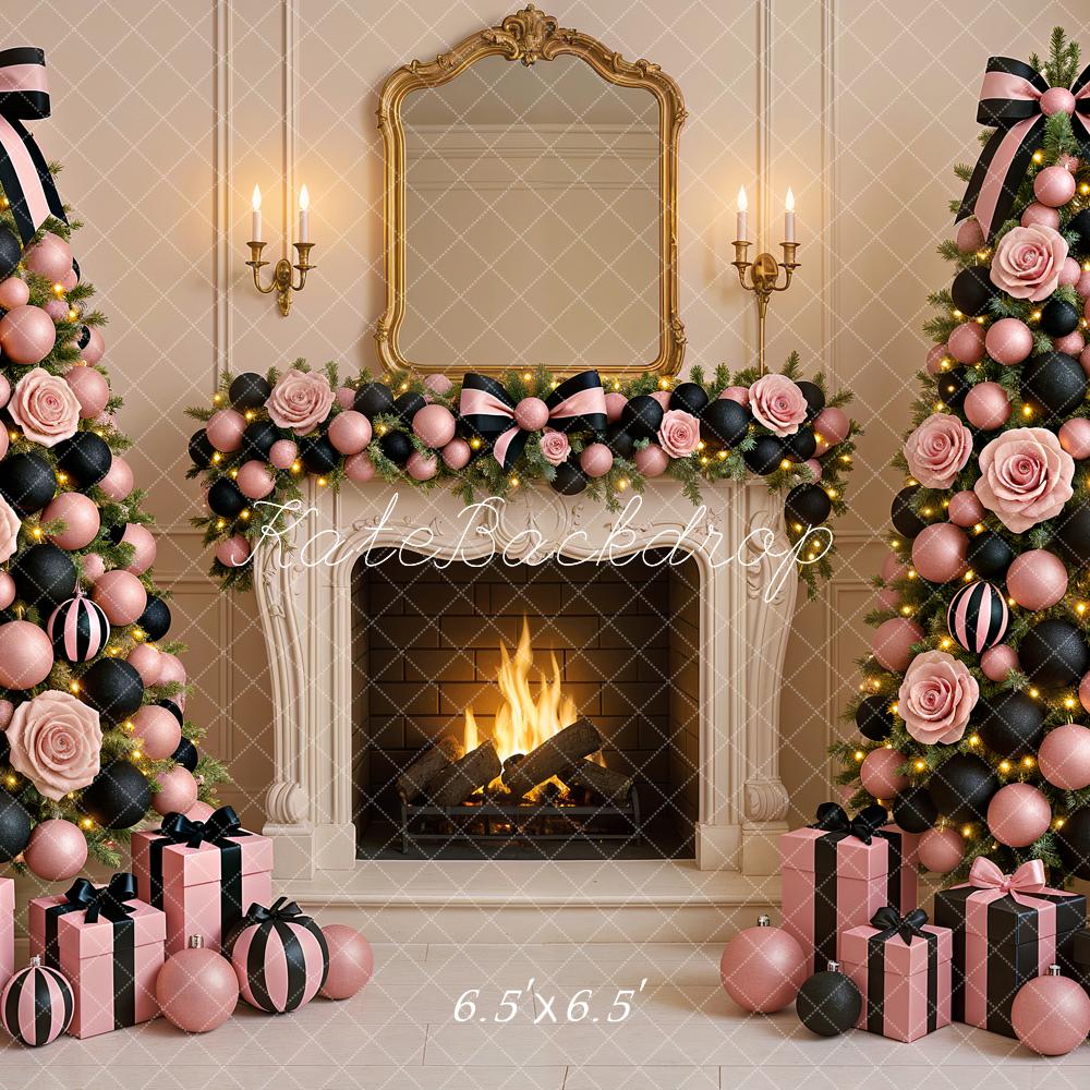 Kate Christmas Pink Black Trees Fireplace Backdrop Designed by Ashley Paul