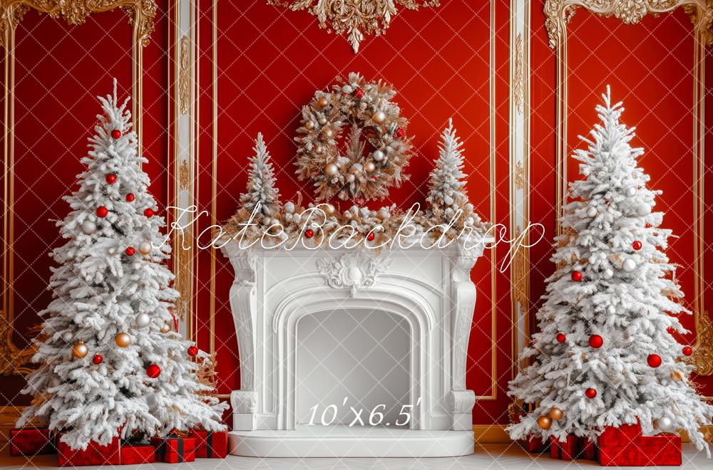 Kate Christmas Red Wall White Fireplace Trees Backdrop Designed by Patty Robert
