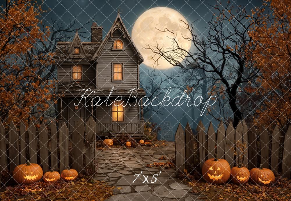 Kate Halloween House Pumpkins Moon Night Backdrop Designed by Emetselch -UK