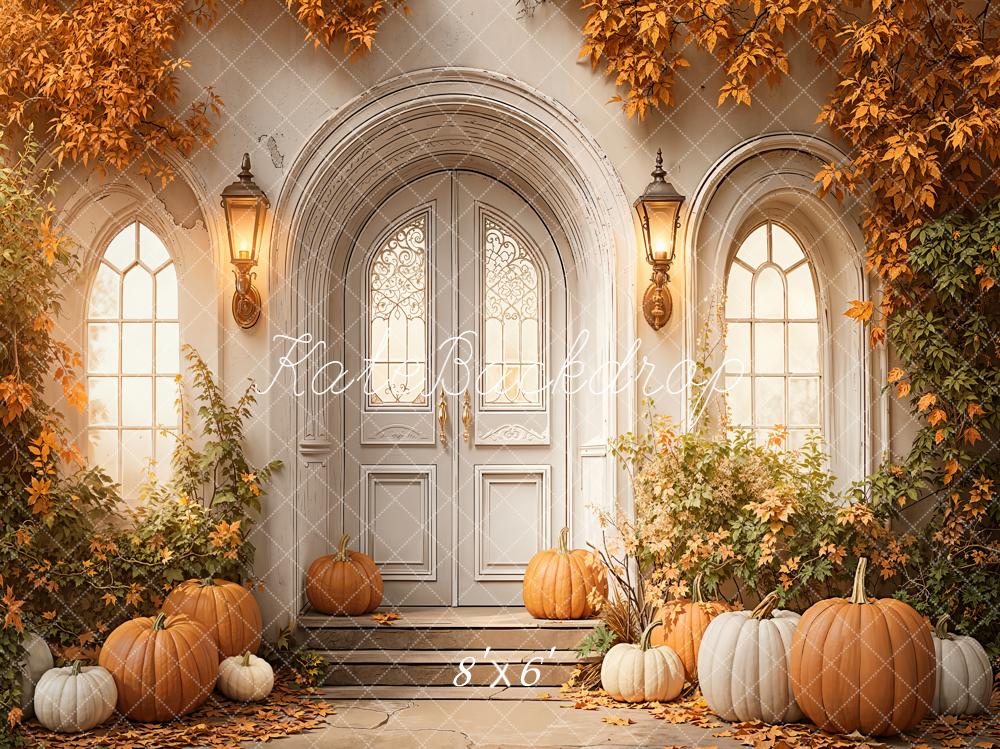 Kate Autumn Pumpkins Arched Door Lanterns Fleece Backdrop Designed by Emetselch