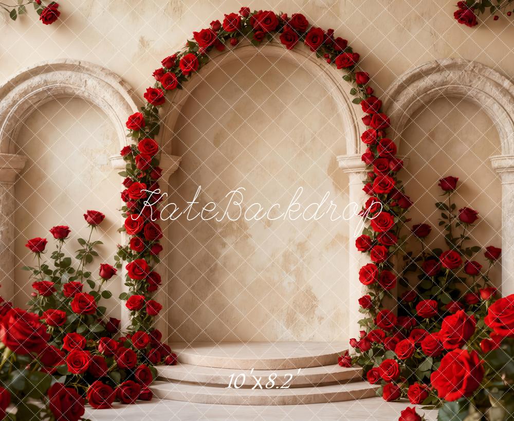 Kate Flower Arch Red Roses Columns Fleece Backdrop Designed by Emetselch -UK