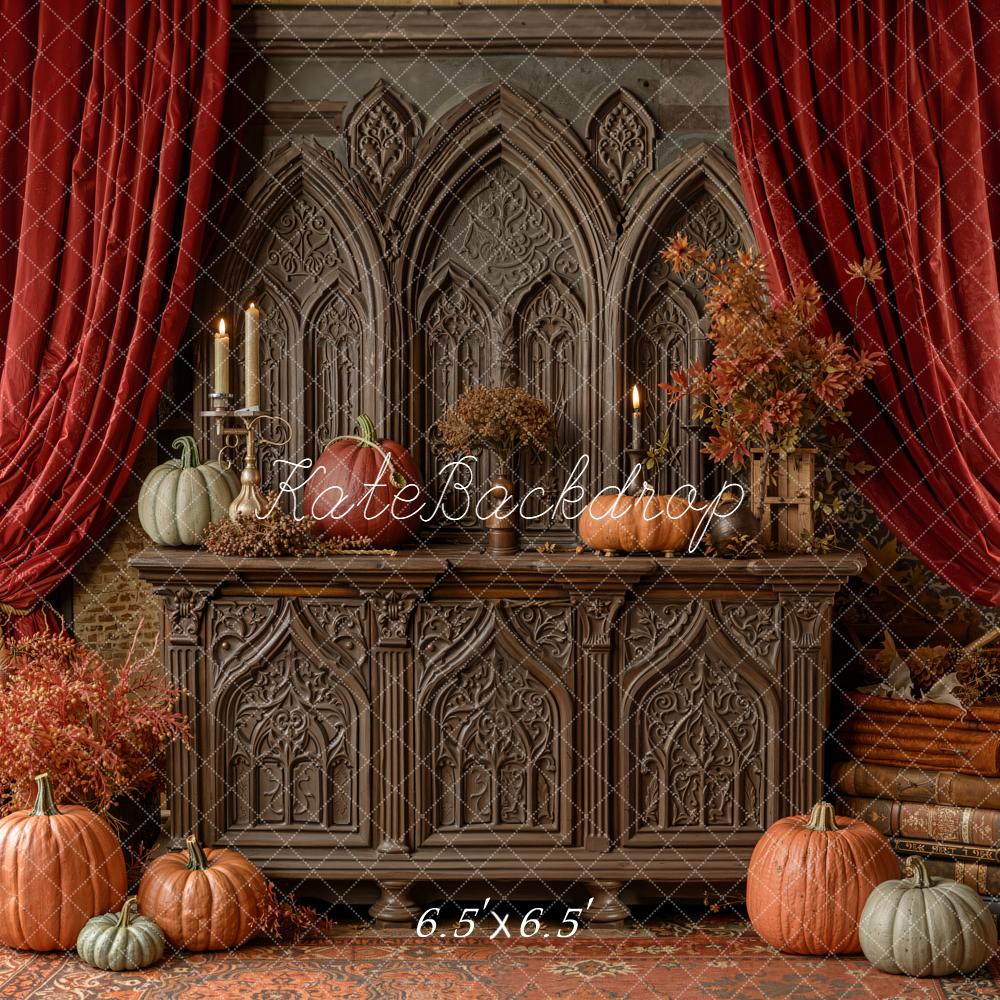Kate Autumn Pumpkins Cabinet Red Curtains Backdrop Designed by Emetselch -UK