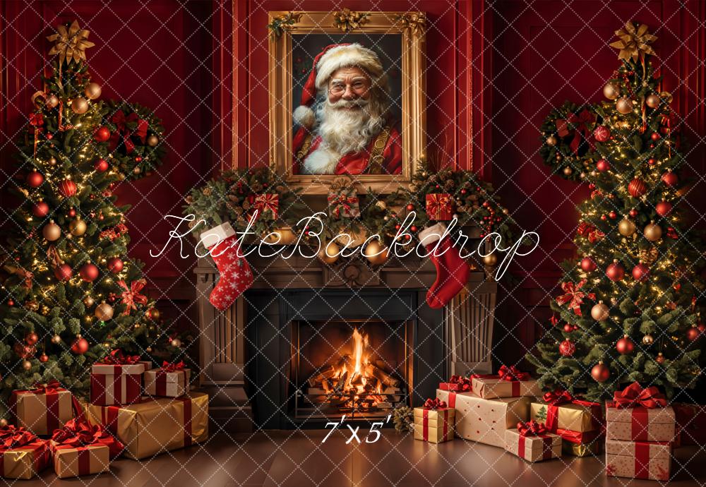 Kate Christmas Retro Fireplace Red Wall Backdrop Designed by Emetselch -UK
