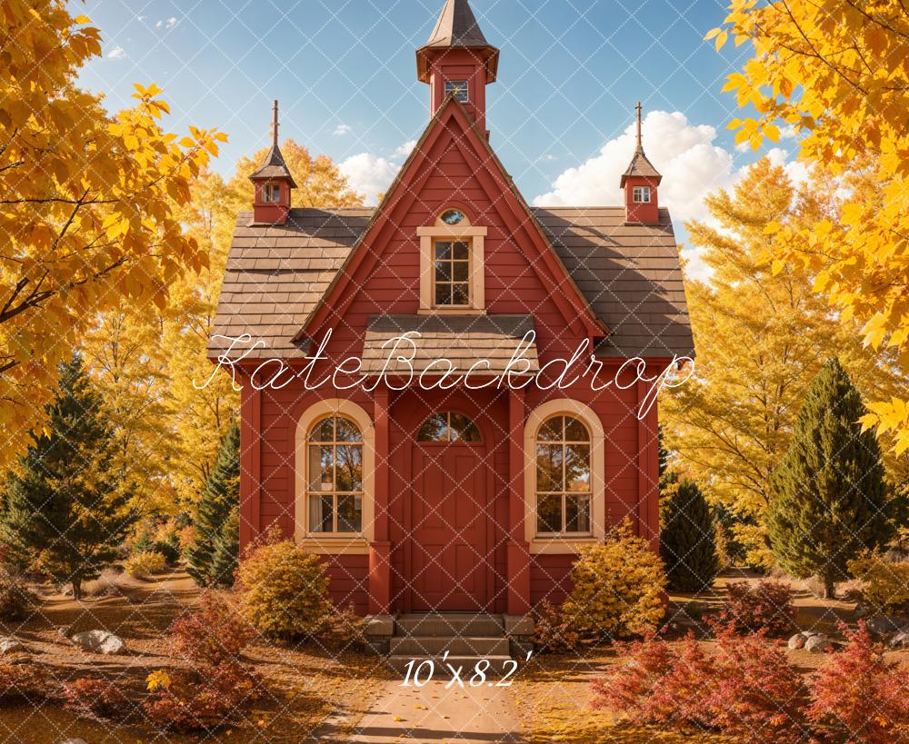 Kate Back to School Autumn Forest Red House Backdrop Designed by Emetselch -UK
