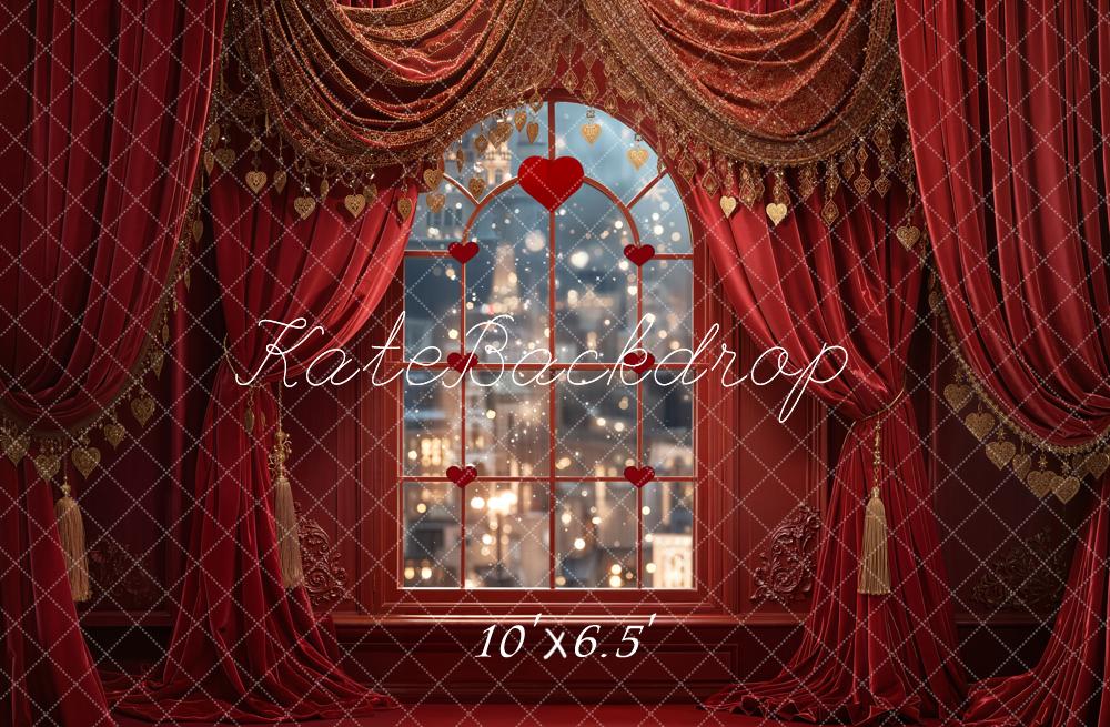 Kate Valentine Red Curtains Window City Lights Backdrop Designed by Emetselch