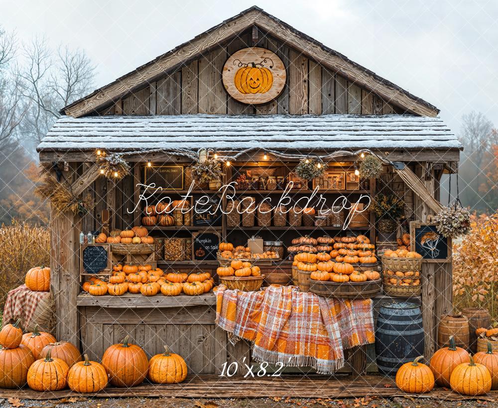 Kate Autumn Pumpkin Stand Rustic Wood Fleece Backdrop Designed by Emetselch