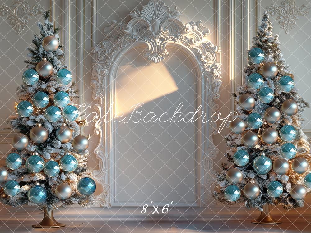 Kate Christmas Blue Baubles Trees Ornate Backdrop Designed by Mini MakeBelieve -UK