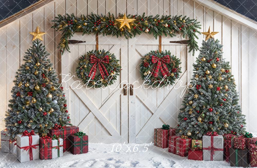 Kate White Christmas Trees Wreath Barn Door Fleece Backdrop Designed by Emetselch -UK