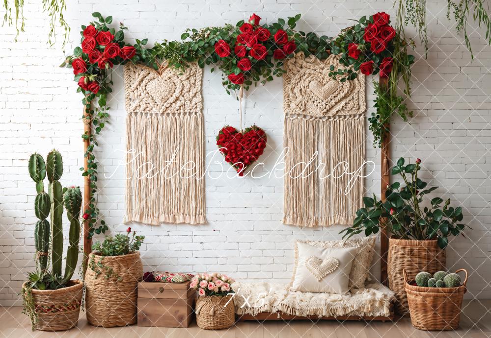 Kate Boho Macrame Red Roses White Brick Backdrop Designed by Emetselch -UK