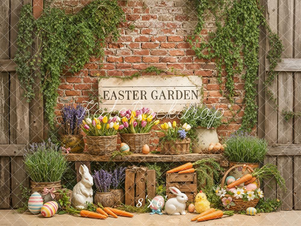 Kate Easter Garden Brick Wall Carrots Bunnies Backdrop Designed by Emetselch -UK