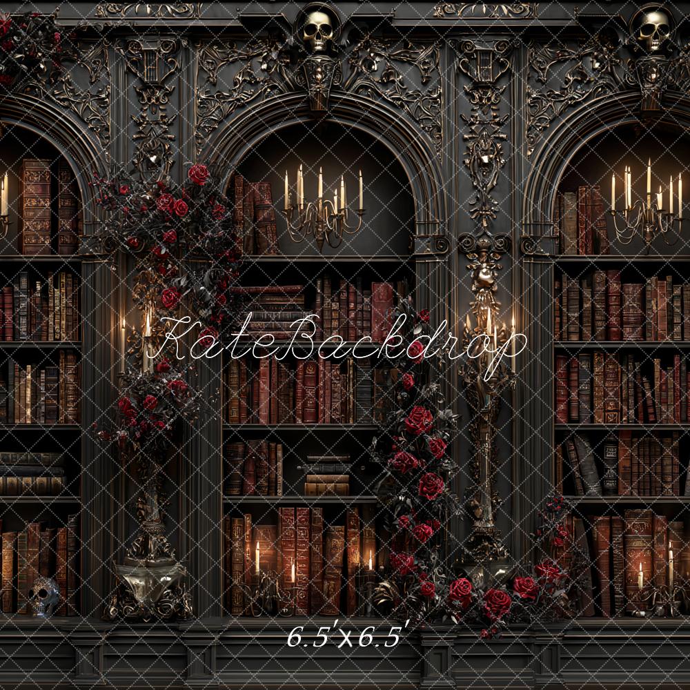 Kate Gothic Bookshelf Candlelight Red Roses Backdrop Designed by Ashley Paul