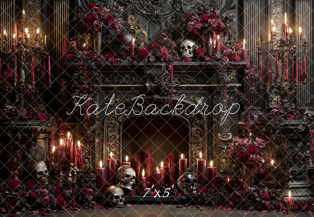 Kate Halloween Gothic Fireplace Skulls Candles Backdrop Designed by Ashley Paul -UK