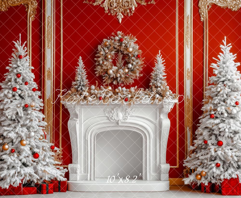 Kate Christmas Red Wall White Fireplace Trees Backdrop Designed by Patty Robert