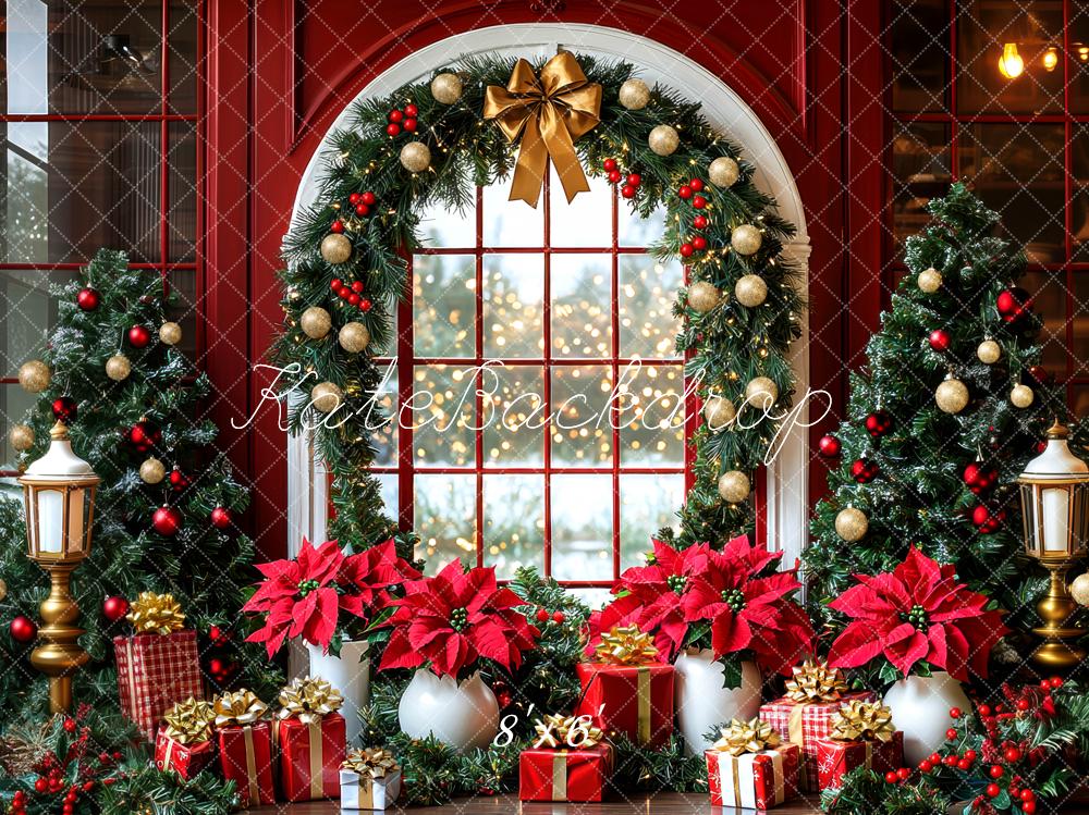 Kate Christmas Trees Garland Gifts Window Red Backdrop Designed by Mini MakeBelieve -UK