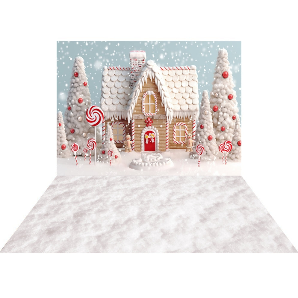 Kate Christmas Candy Snow House Backdrop+White Snow Floor Backdrop