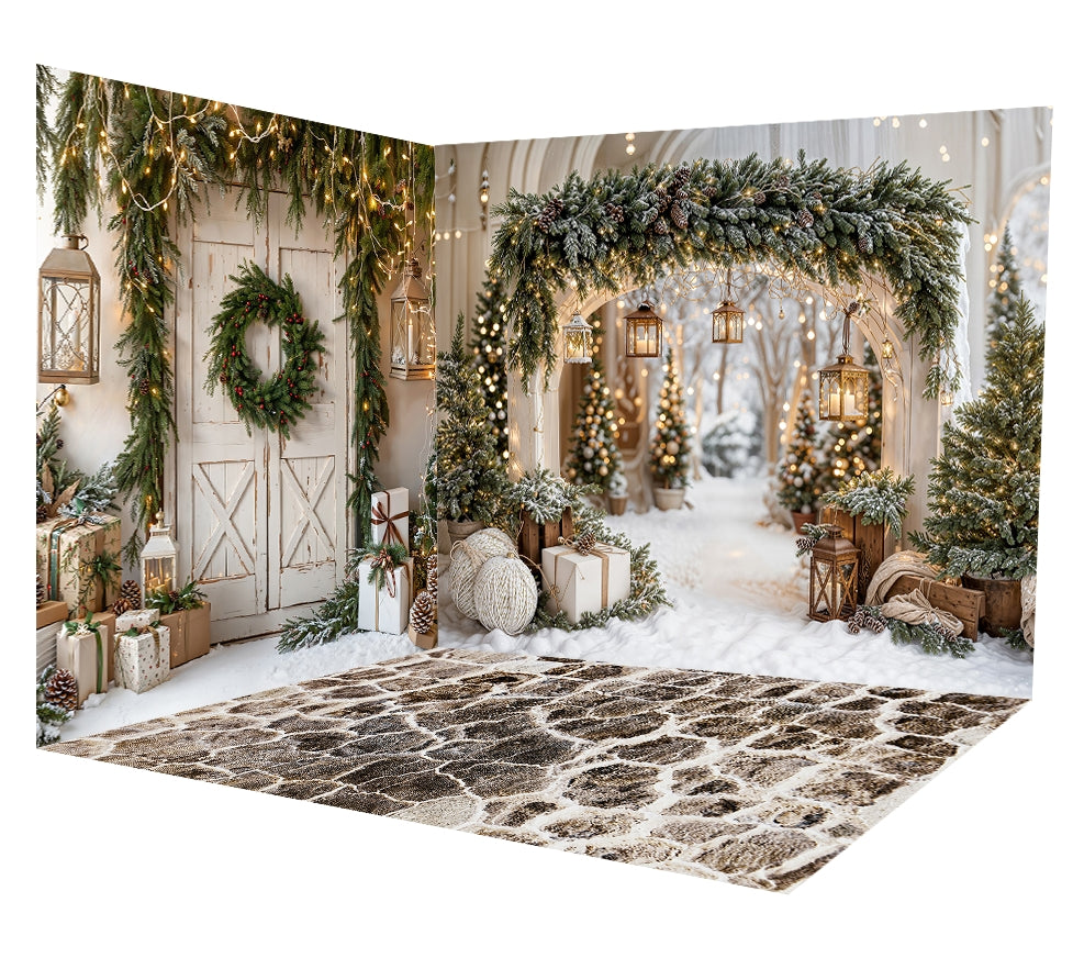 Kate Christmas Arch Garland Snow Stone Barn Door Room Set