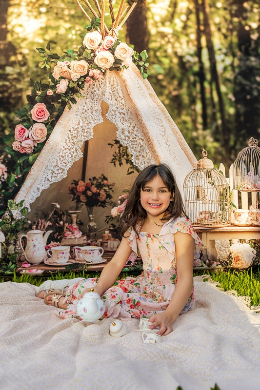 Kate Boho Teapot Party Floral Forest Backdrop Designed by Ashley Paul -UK