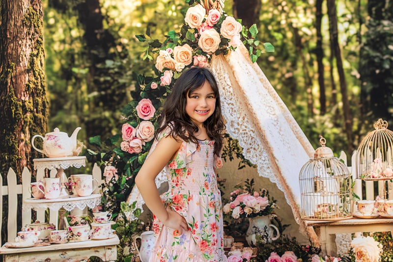 Kate Boho Teapot Party Floral Forest Backdrop Designed by Ashley Paul -UK