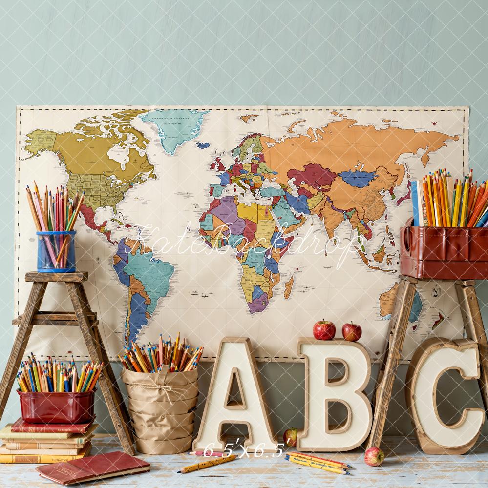 Kate Back To School World Map Pencils Backdrop Designed by Emetselch
