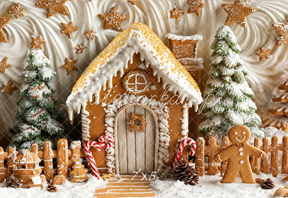 Kate Christmas Gingerbread House Snowy Trees Backdrop Designed by Emetselch