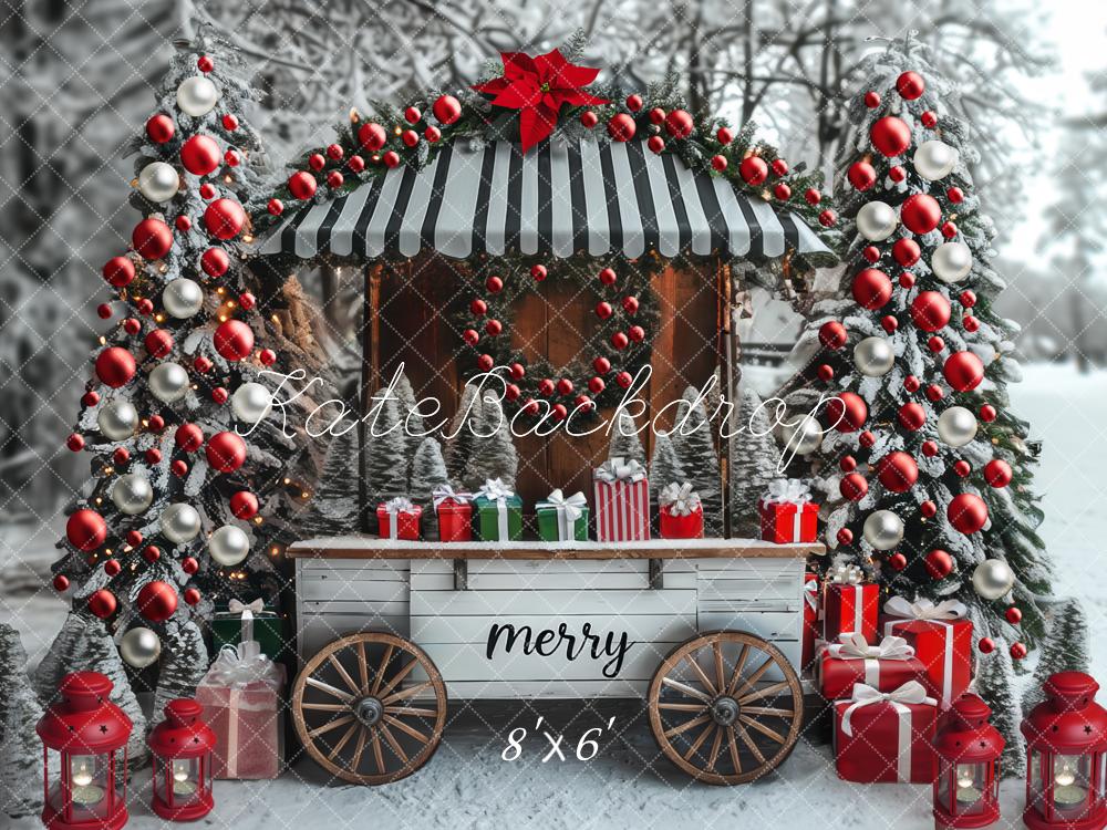 Kate Christmas Cart Presents Snowy Trees Backdrop Designed by Mini MakeBelieve -UK