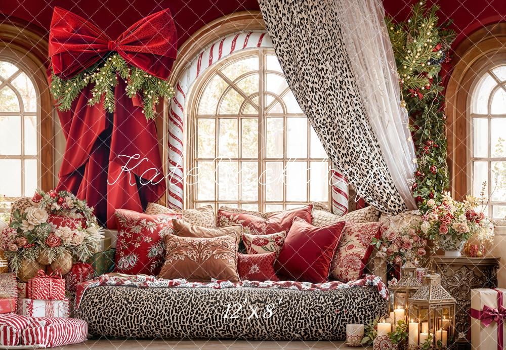 Kate Christmas Red Bow Leopard Decor Fleece Backdrop Designed by Emetselch -UK