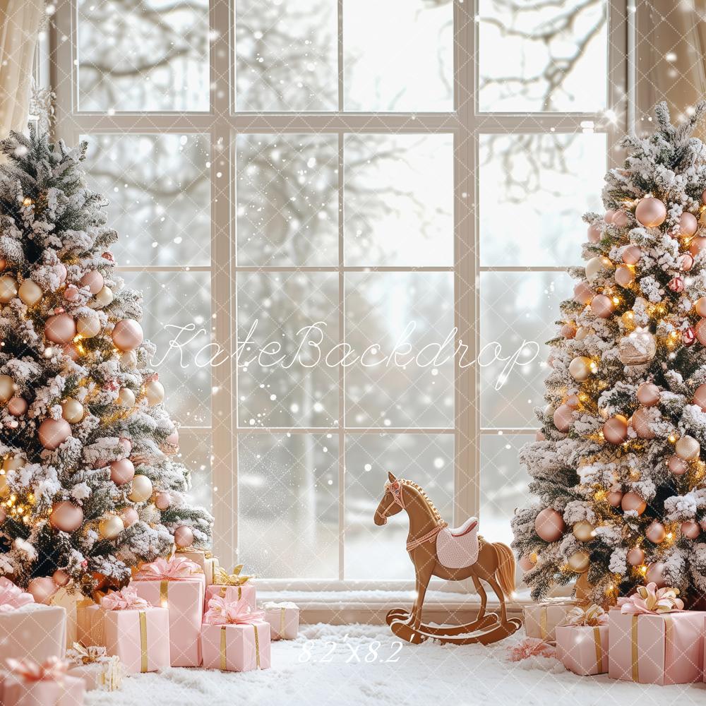 Kate Christmas Snowy Trees Pink Gifts Window Backdrop Designed by Patty Robert -UK