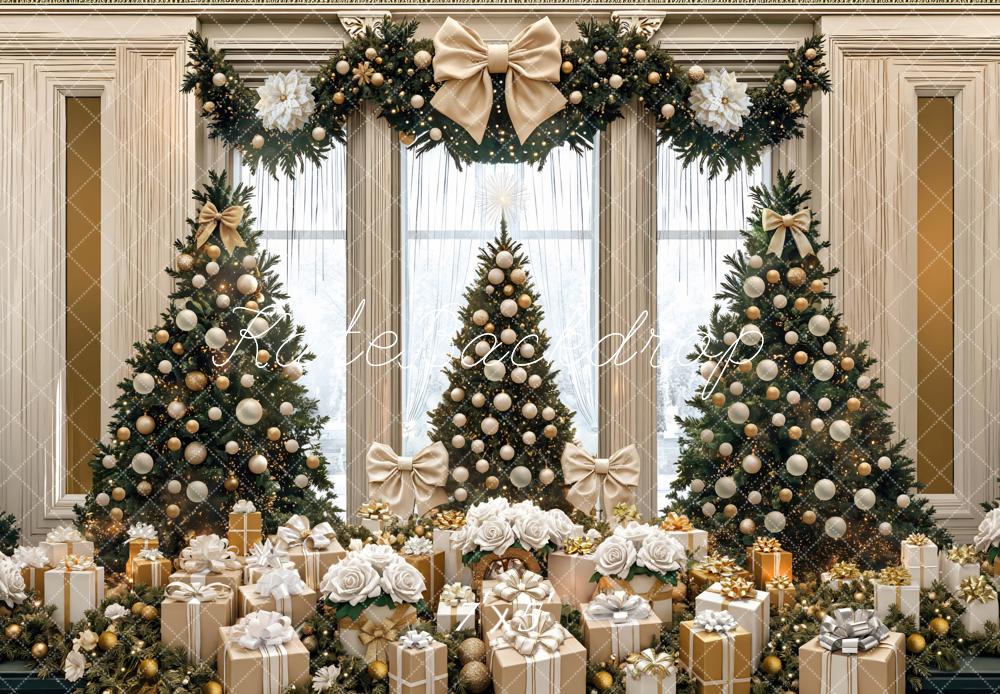 Kate Christmas Trees Gold Bows Gifts Backdrop Designed by Mini MakeBelieve