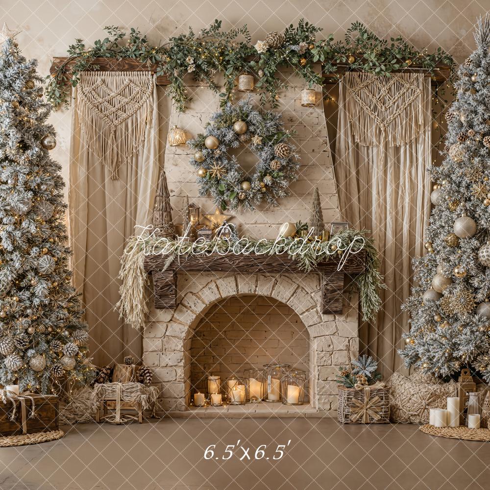 Kate Christmas Fireplace Frosted Trees Macrame Backdrop Designed by Emetselch