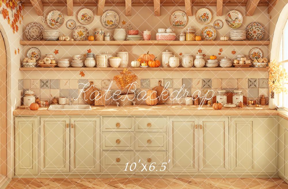 Kate Autumn Kitchen Pumpkins Shelves Fleece Backdrop Designed by Emetselch