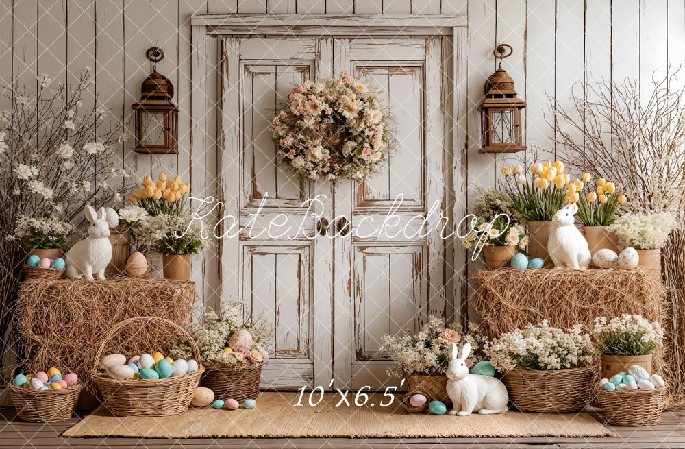 Kate Easter Bunny Eggs Rustic Door Fleece Backdrop Designed by Emetselch