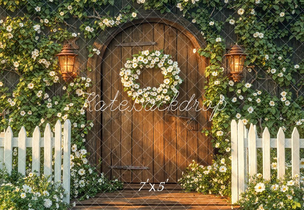 Kate Floral Arch Wooden Door Lanterns Backdrop Designed by Emetselch -UK
