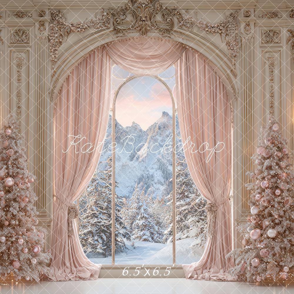 Kate Christmas Pink Trees Ornate Curtains Backdrop Designed by Ashley Paul