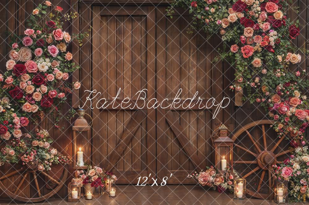 Kate Rustic Wooden Doors Wagon Wheels Garland Backdrop Designed by Emetselch