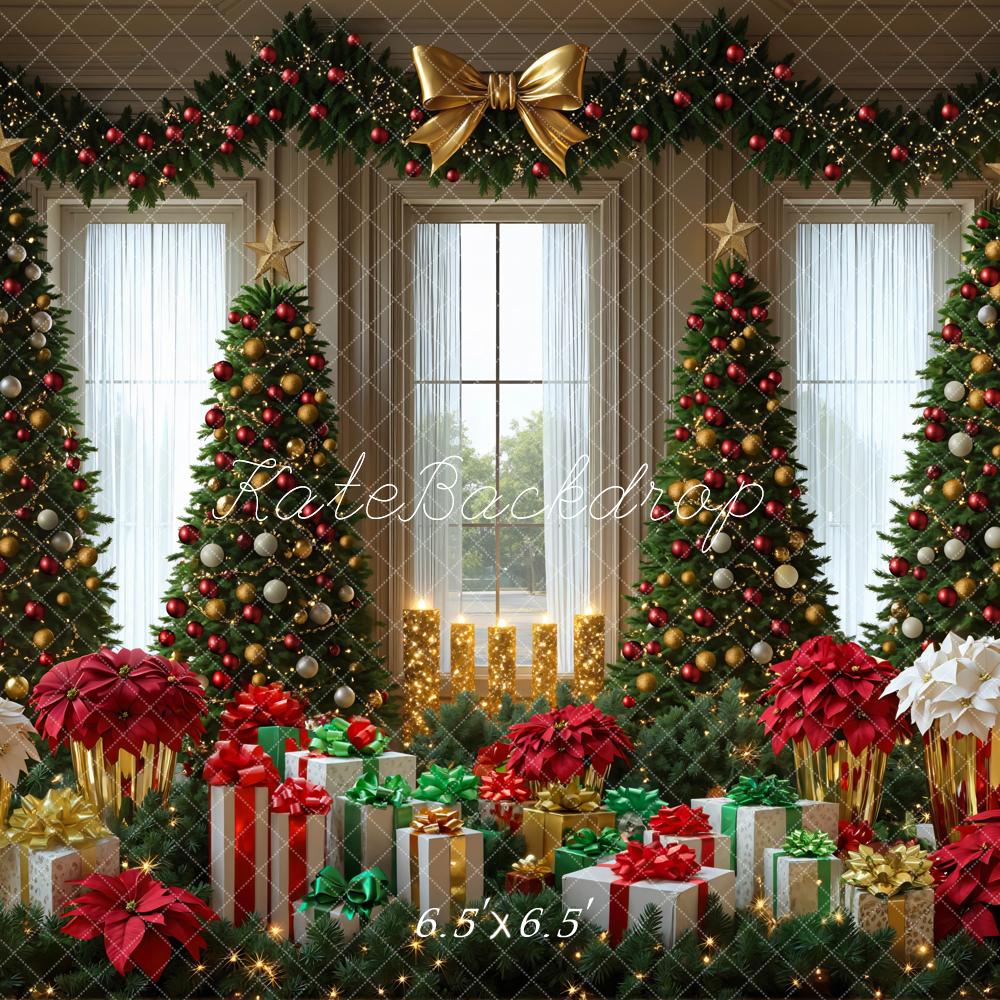 Kate Christmas Trees Presents Poinsettias Garland Backdrop Designed by Mini MakeBelieve
