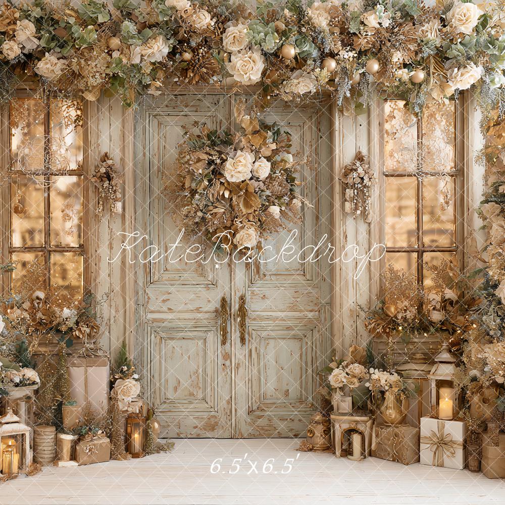 Kate Christmas Floral Garland Vintage Door Lanterns Backdrop Designed by Ashley Paul