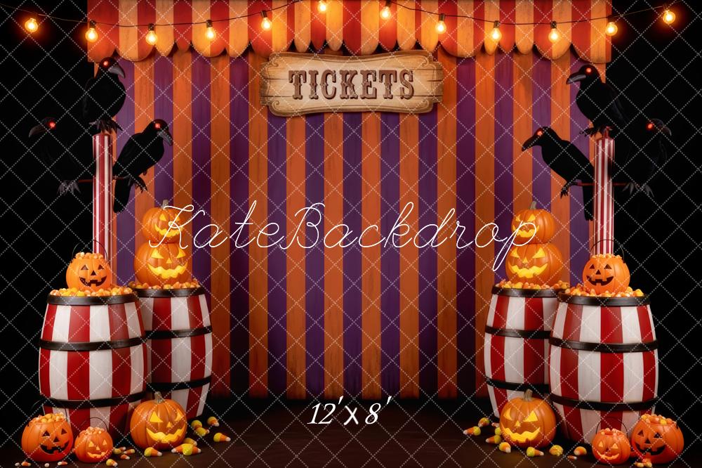 Kate Halloween Circus Striped Barrels Pumpkins Backdrop Designed by Patty Robert