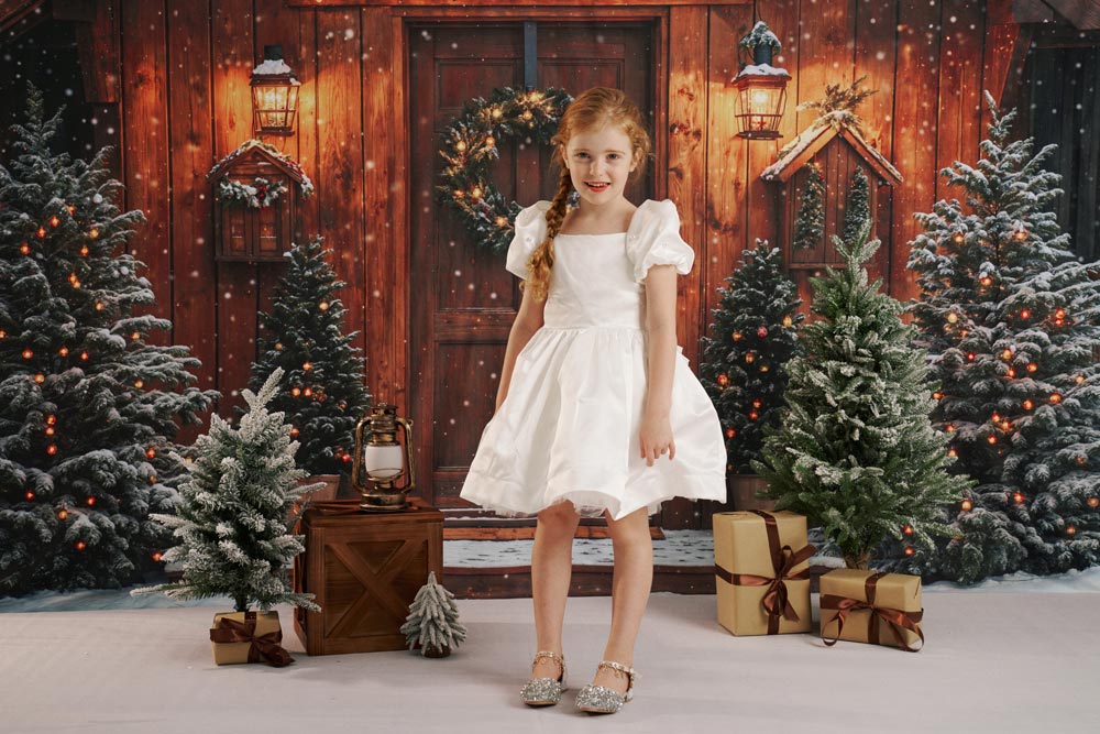 On Sale Kate Snowy Winter Christmas Trees Wood House Backdrop Designed by Emetselch -UK