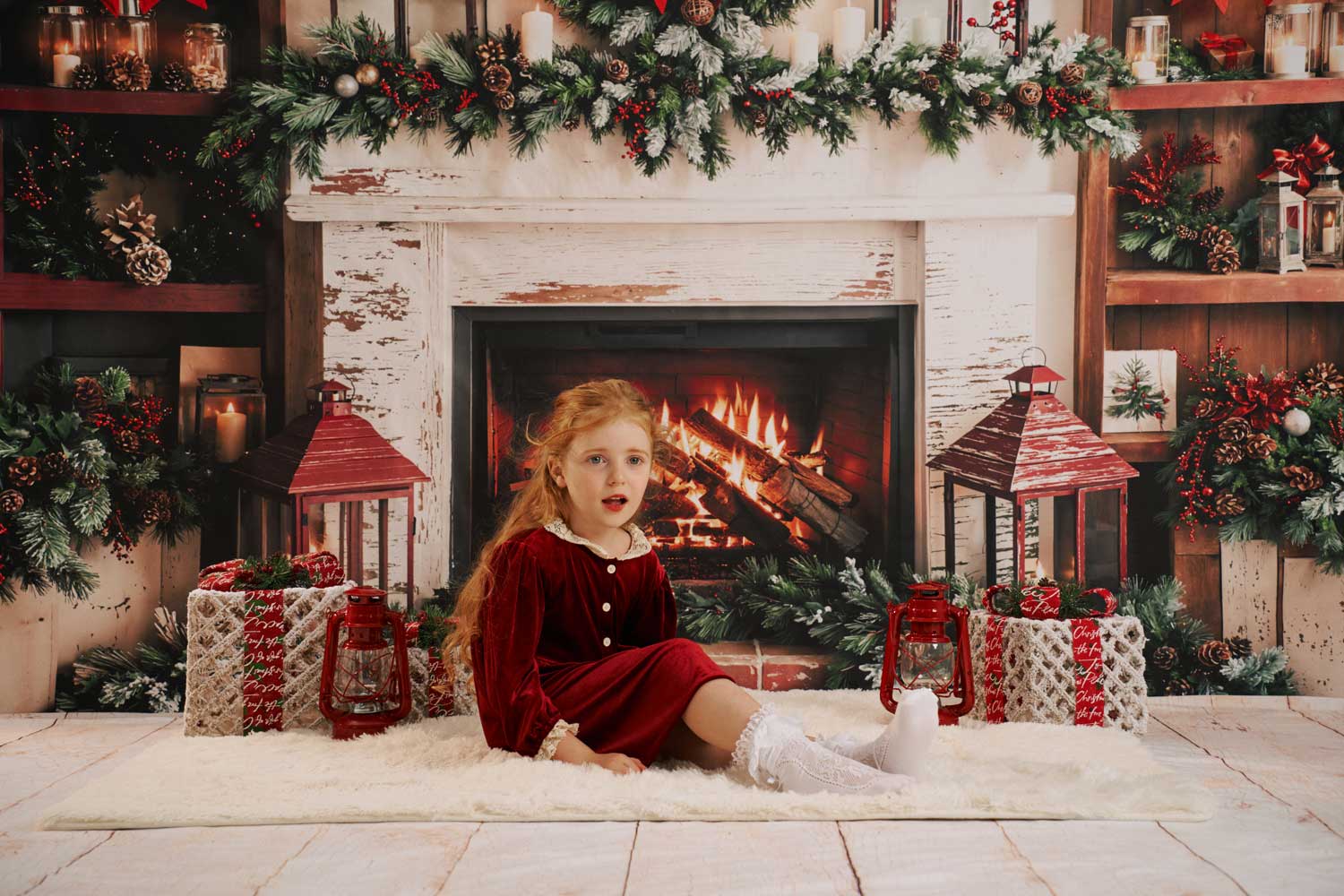 On Sale Kate Christmas Fireplace Wreath Red Bow Backdrop Designed by Emetselch -UK