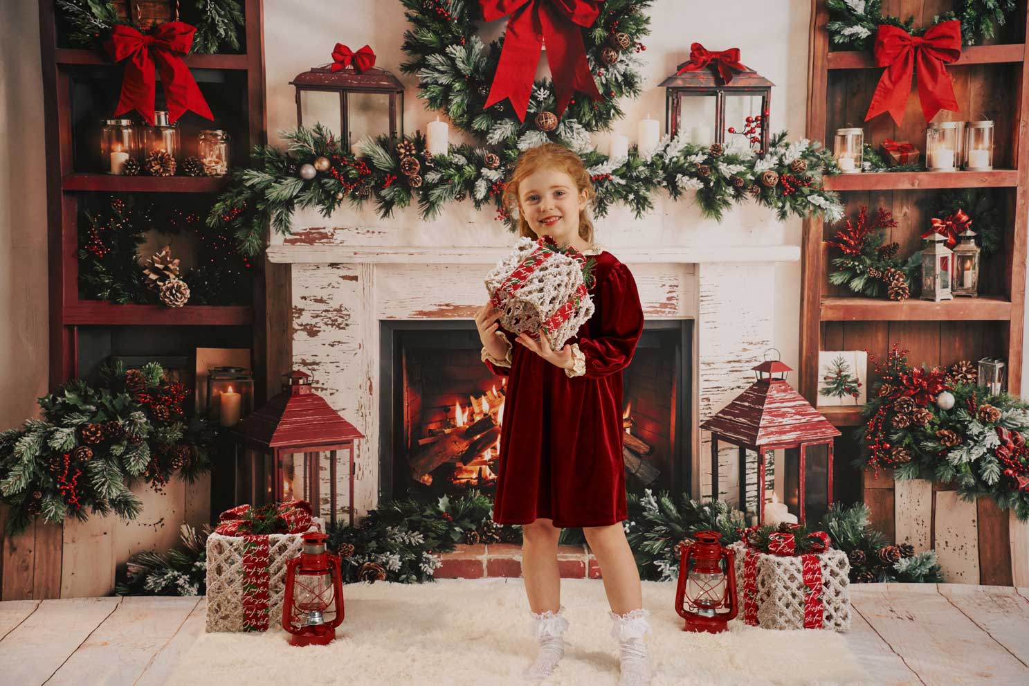 Kate Christmas Fireplace Wreath Red Bow Backdrop Designed by Emetselch