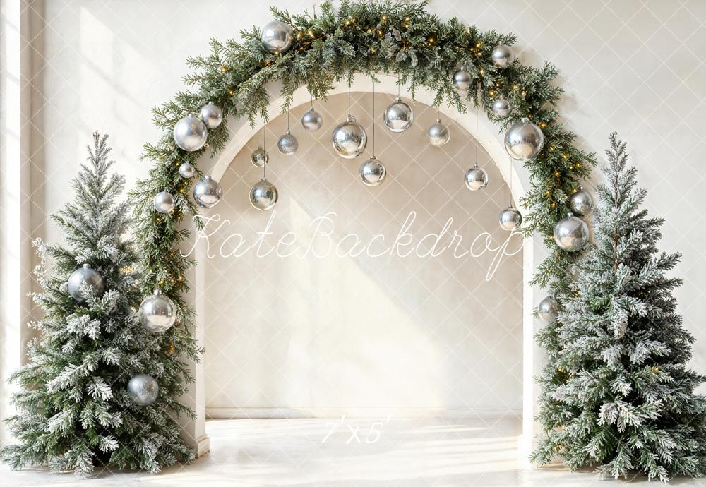 Kate Christmas Arch Silver Baubles Frosted Trees Backdrop Designed by Emetselch