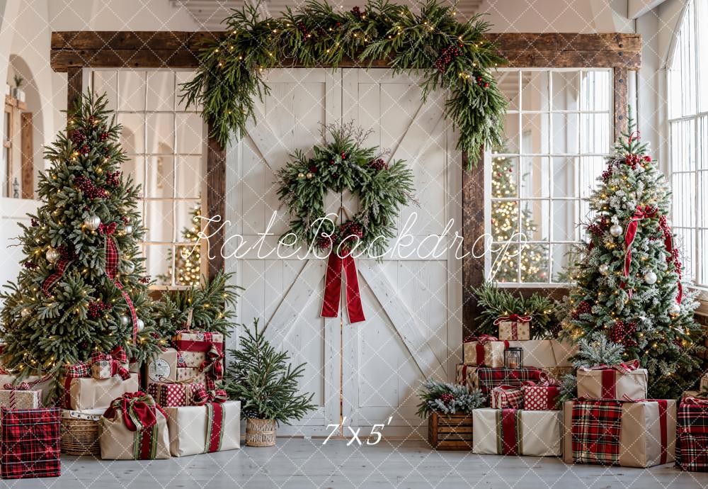 Kate Christmas Trees Garland Presents Rustic Door Backdrop Designed by Emetselch