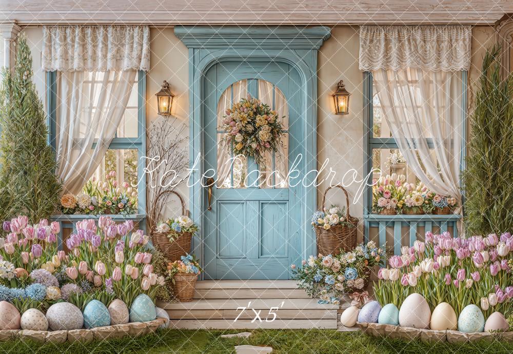 Kate Easter Eggs Pastel Floral Blue Door Backdrop Designed by Emetselch -UK