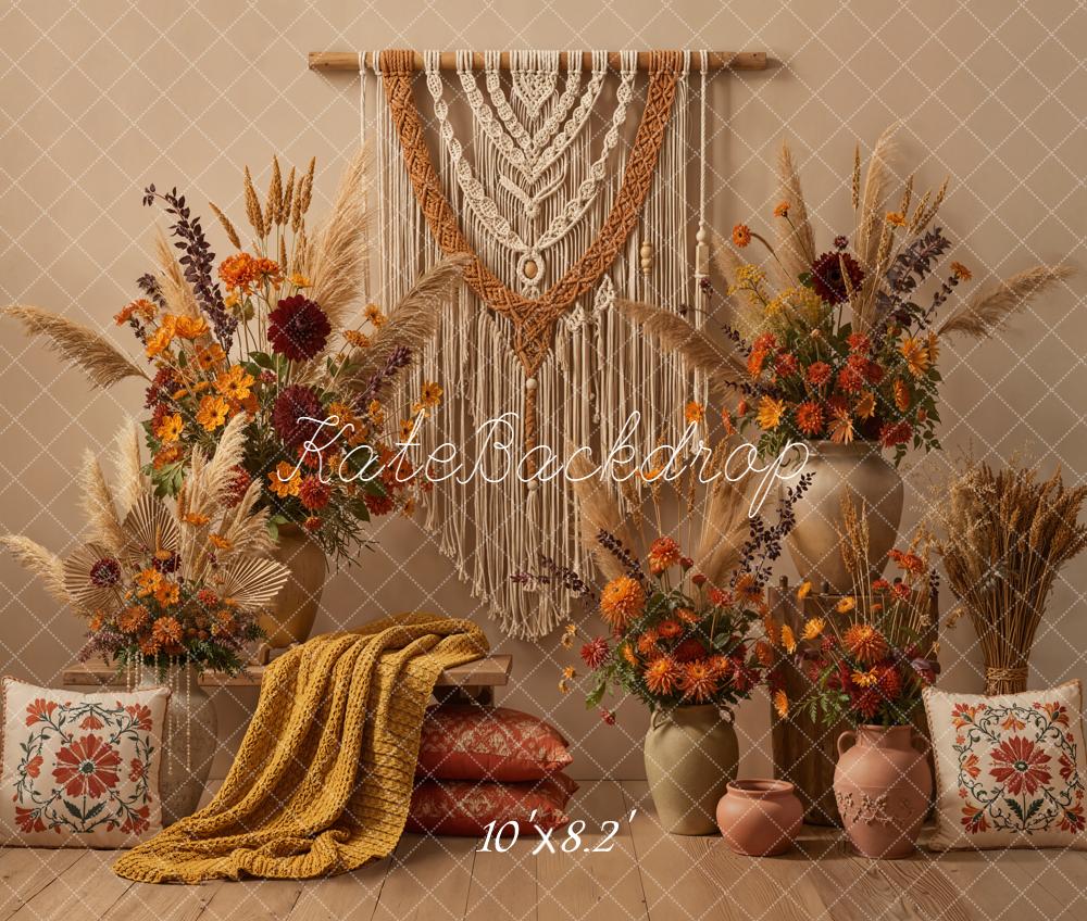 Kate Autumn Boho Macrame Earth Tones Fleece Backdrop Designed by Emetselch -UK
