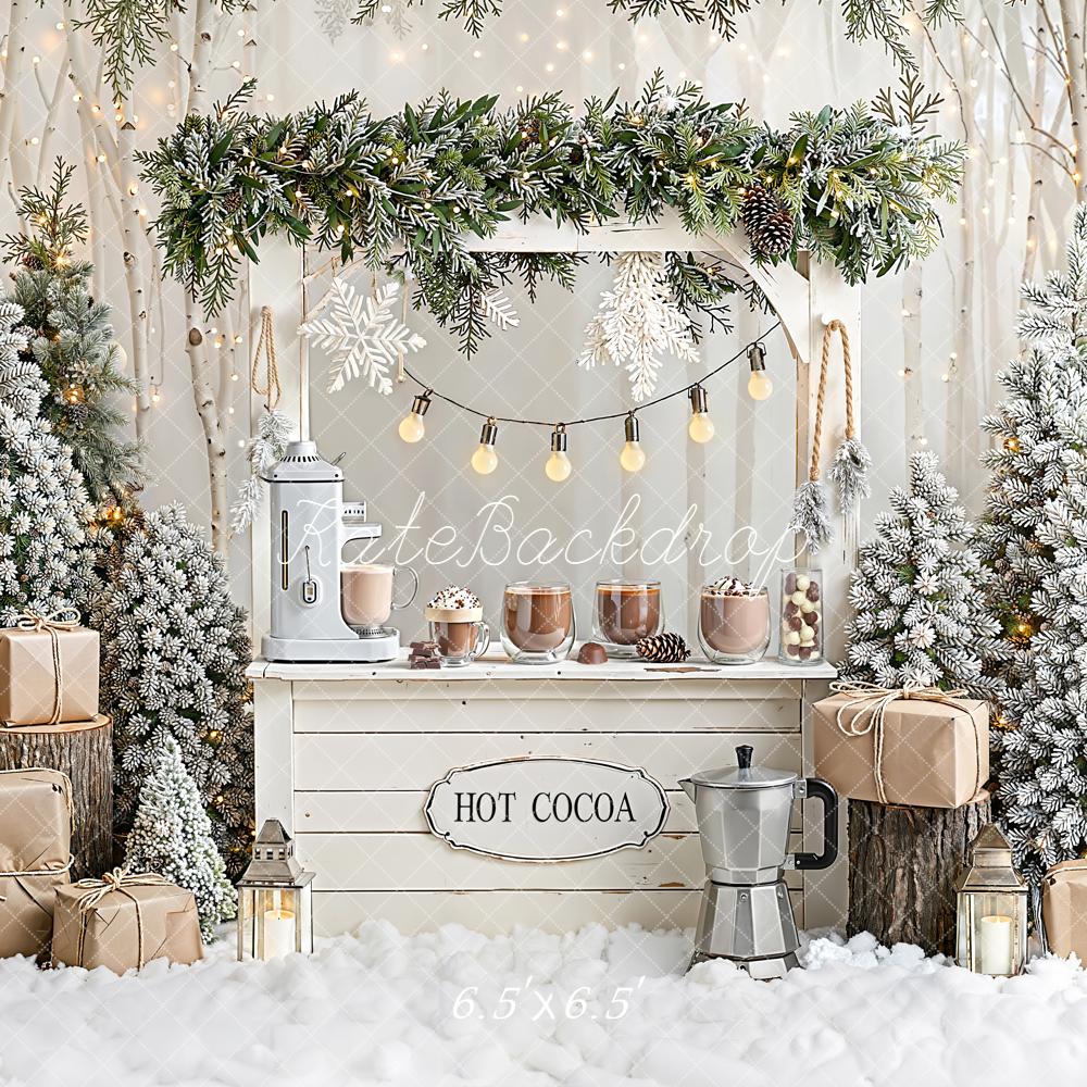 Kate Winter Christmas Hot Cocoa Gifts Snowy Trees Backdrop Designed by Emetselch -UK