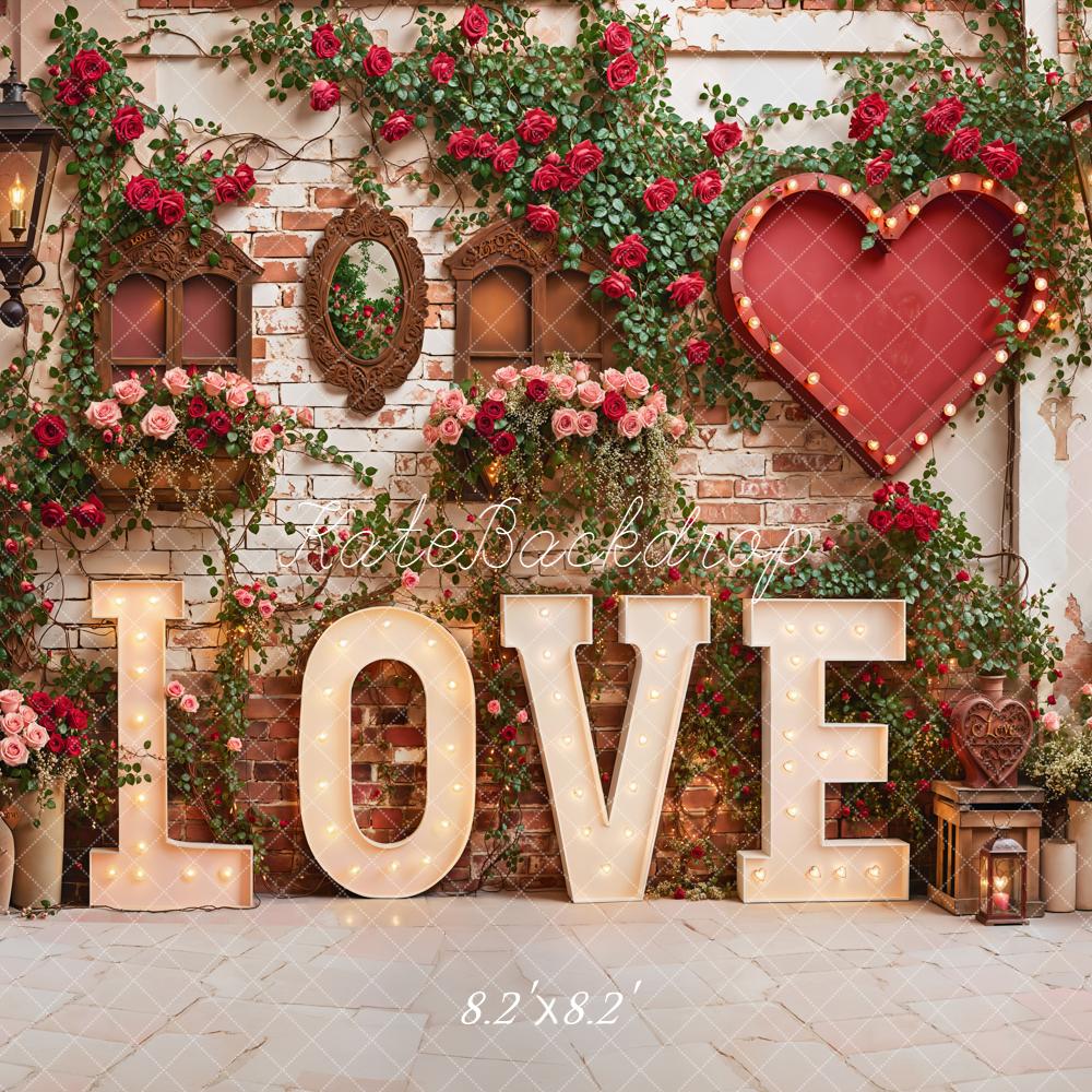 Kate Valentine Love Red Roses Heart Brick Wall Backdrop Designed by Emetselch -UK